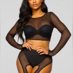 Fashion Nova Caught You Fishnet Swimsuit (full bikini bottoms) Black Size S